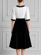 White Black Contrast Ruffle V Neck Velvet A-Line Midi Dress