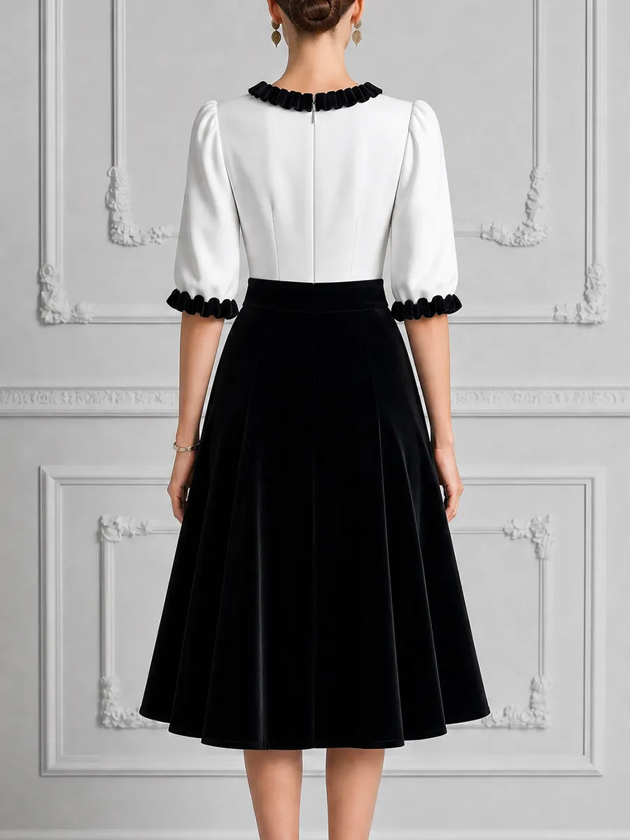 White Black Contrast Ruffle V Neck Velvet A-Line Midi Dress