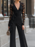 Lace-Sleeve Ruched Ruffle Wide-Leg Jumpsuit