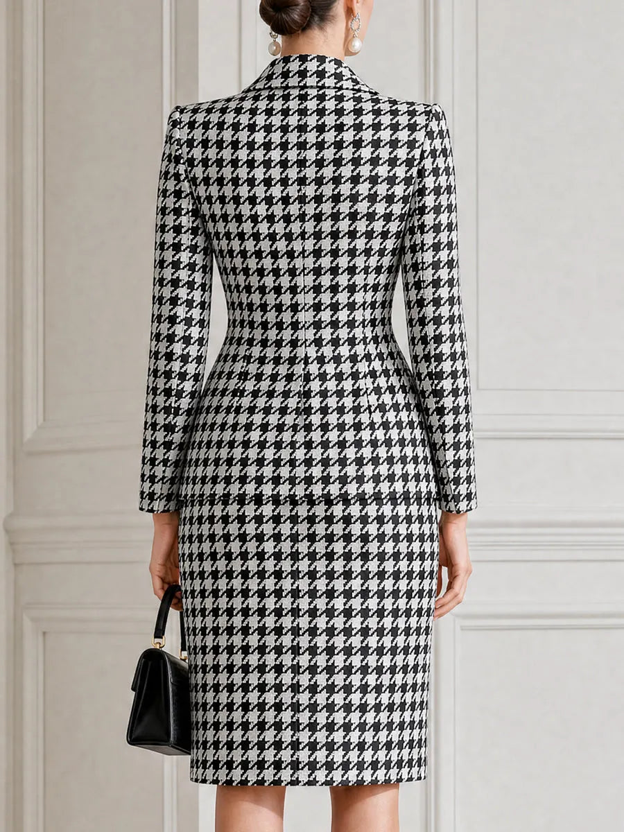Black White Houndstooth Blazer & Pencil Skirt Business Suit