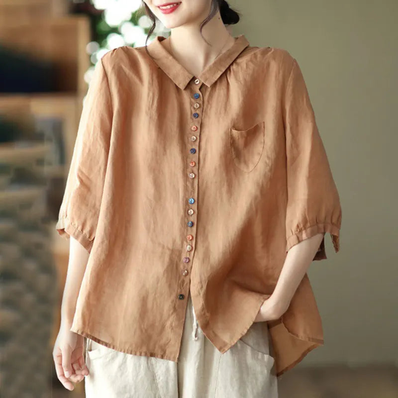 Vintage Colored Buttons Cotton Linen Solid Comfy Blouse