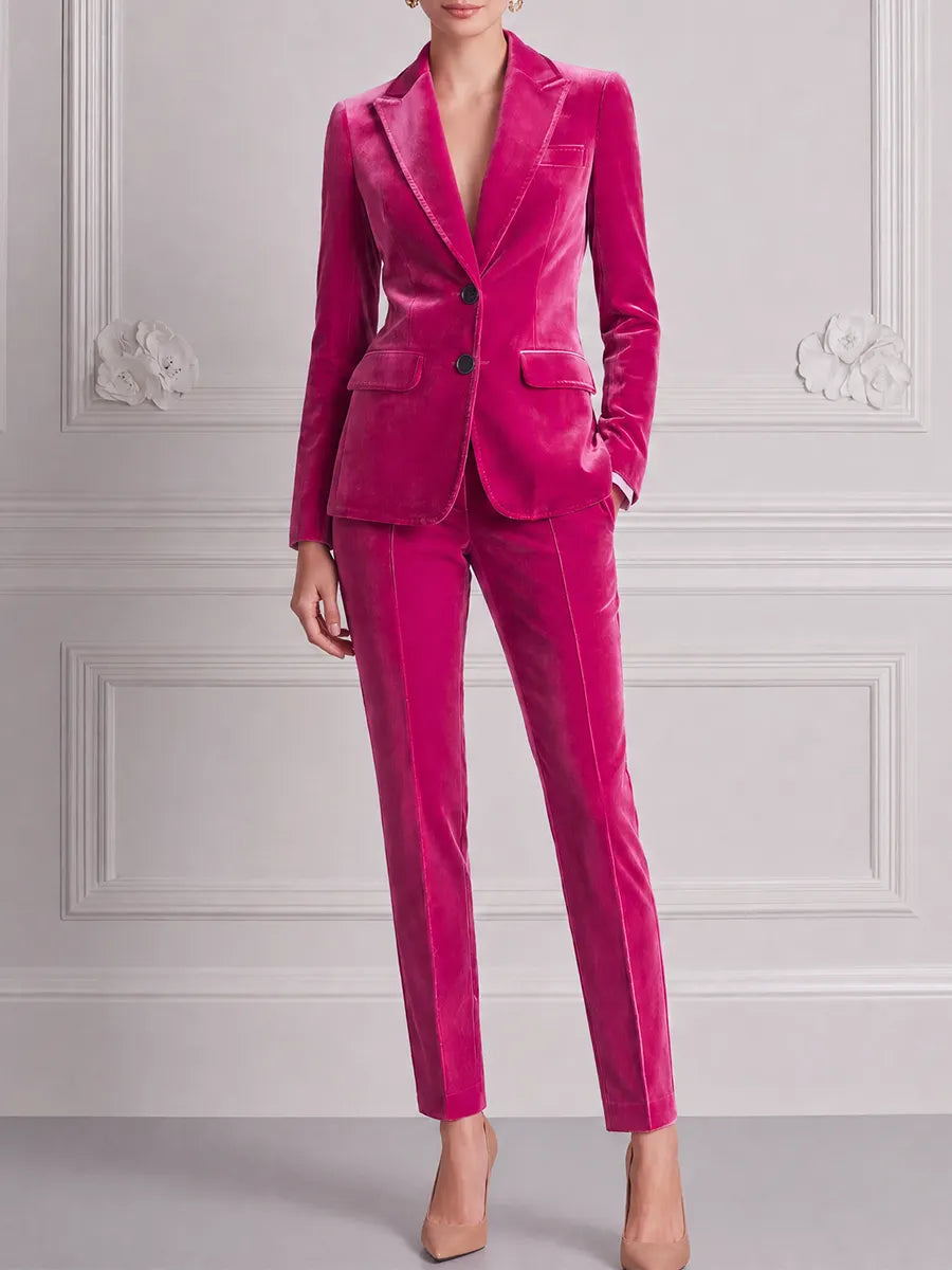 Fuchsia Velvet Tailored Blazer & Slim Pants Set