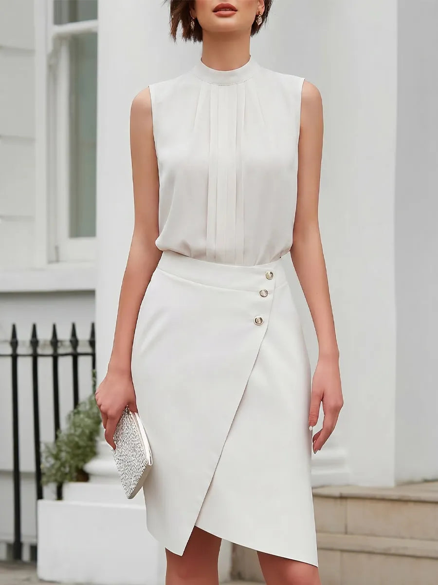 Short Sleeve Blazer Sleeveless Blouse And Wrap Skirt Three-Piece Set