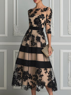 Floral Lace Illusion A-Line Midi Dress