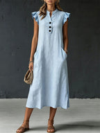 Women's Casual Loose-fitting Ruffles Linen And Cotton Henry Collar Sleeveless Dress
