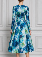 White Blue Green Watercolor Floral Print Long Sleeve A-Line Midi Dress