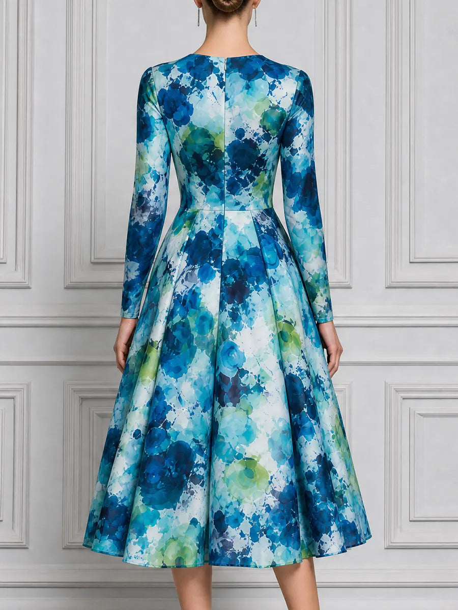 White Blue Green Watercolor Floral Print Long Sleeve A-Line Midi Dress