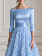 Off Shoulder Bodice 3D Floral Tulle A-Line Midi Dress