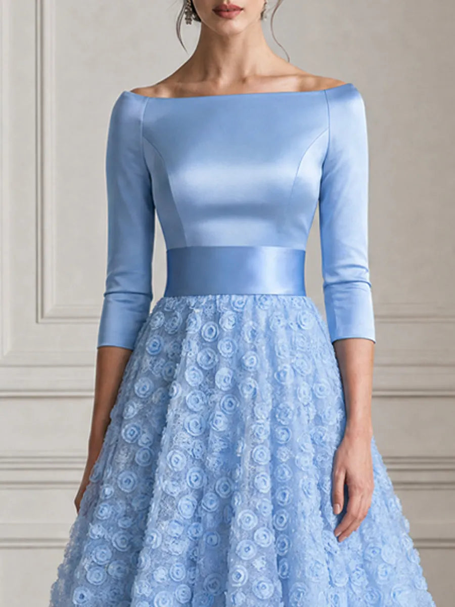 Off Shoulder Bodice 3D Floral Tulle A-Line Midi Dress