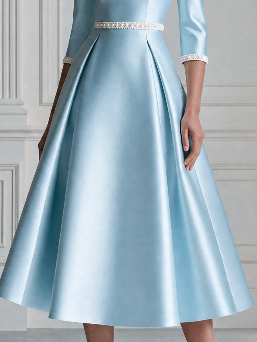 Off Shoulder Satin Pearl Trim A-Line Midi Formal Dress