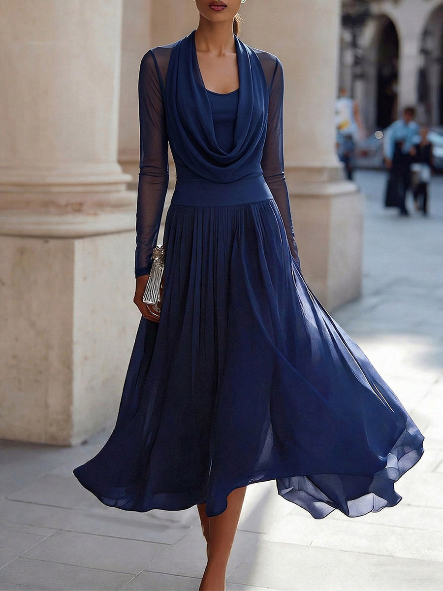 Women's Solid-color Cowl Neck Long-sleeve Stretchy Mesh A-line Dress