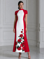 Stand Collar Color Block Red Rose Print Maxi Dress