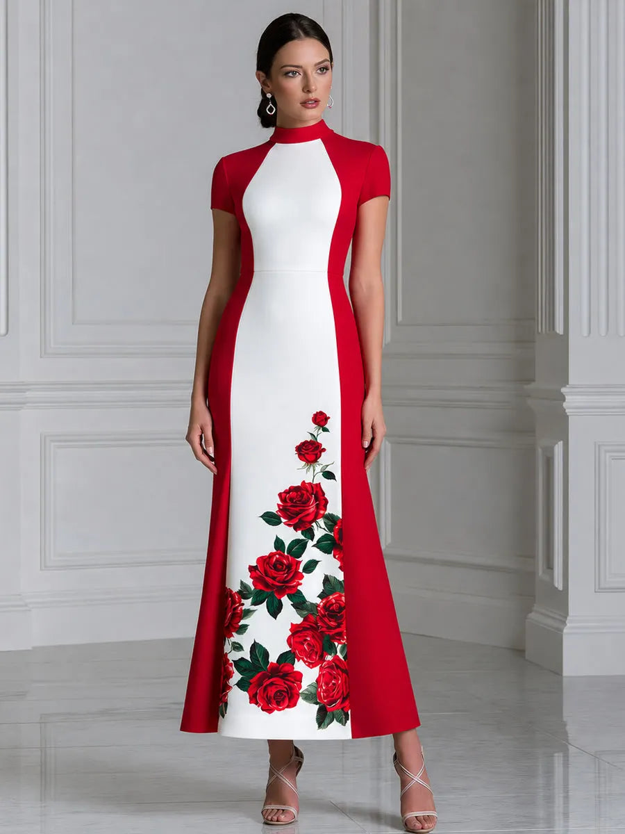 Stand Collar Color Block Red Rose Print Maxi Dress