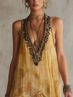 Yellow Chiffon Printed Sleeveless Mini Dress with Lace Splicing