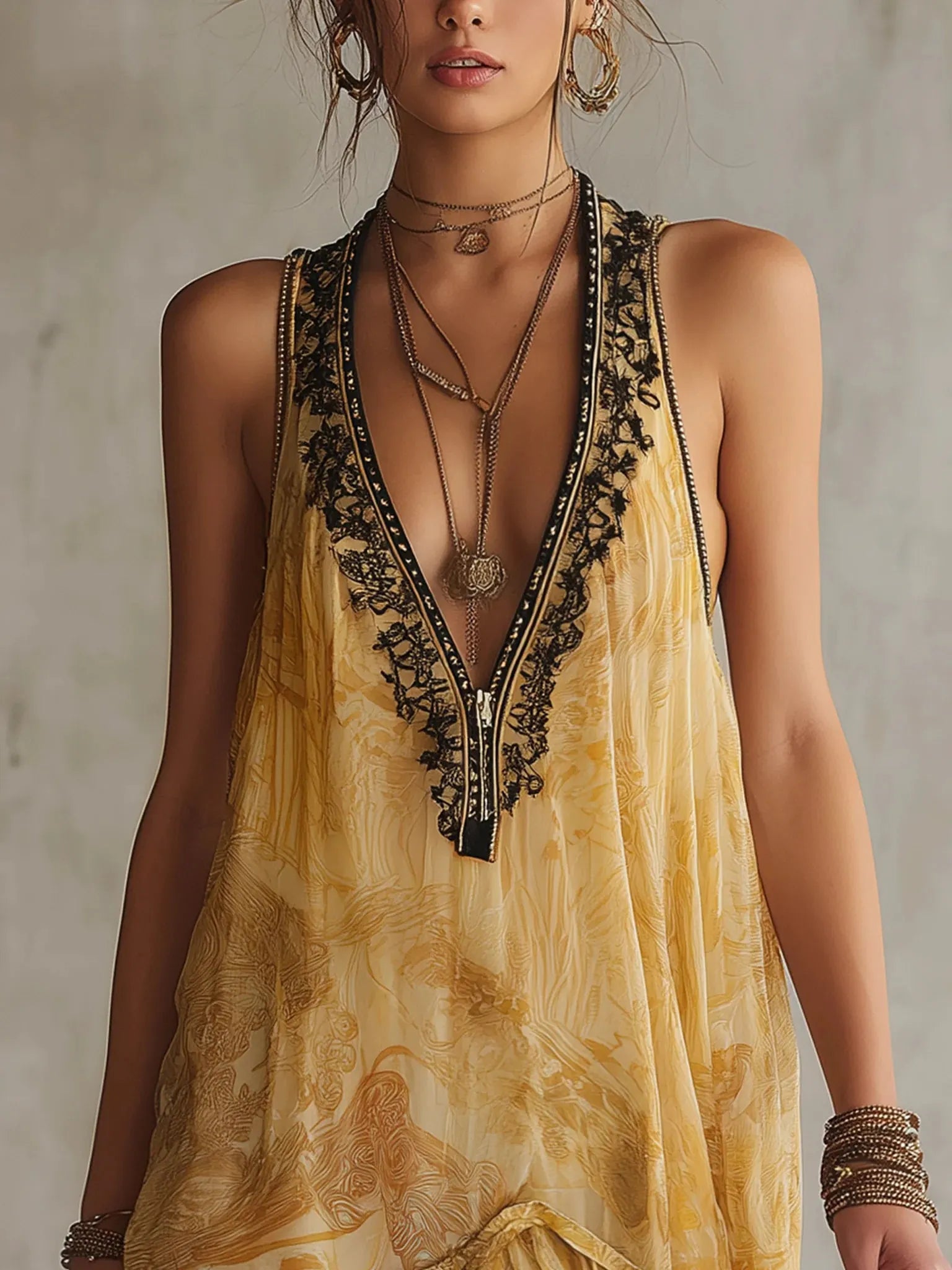 Yellow Chiffon Printed Sleeveless Mini Dress with Lace Splicing