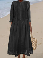 Women's Pleated Cotton and Ramie Long-sleeved Dress