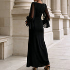 Classy Tulle Flared Sleeves Slit Maxi Dress