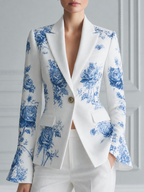 White Blue Floral Tailored Blazer