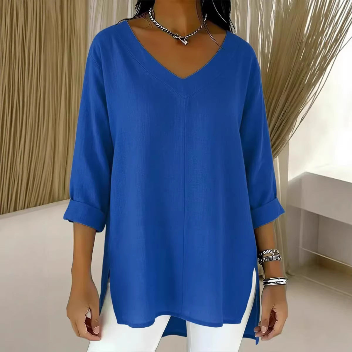 Casual Women's Fashion Solid-Color V-Neck Loose-Fit Top