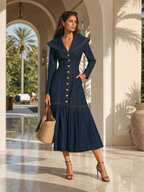 Women's Oversized Collar and Button Front Long Sleeve Denim Maxi Dress