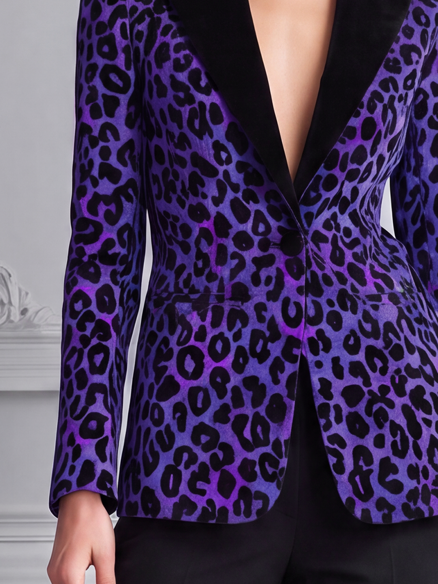 Purple Leopard Velvet Peak Lapel Tailored Blazer