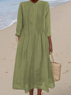 Women's Pleated Cotton and Ramie Long-sleeved Dress