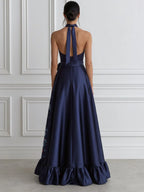 Floral Ruffle High-Low Halter Satin Evening Gown