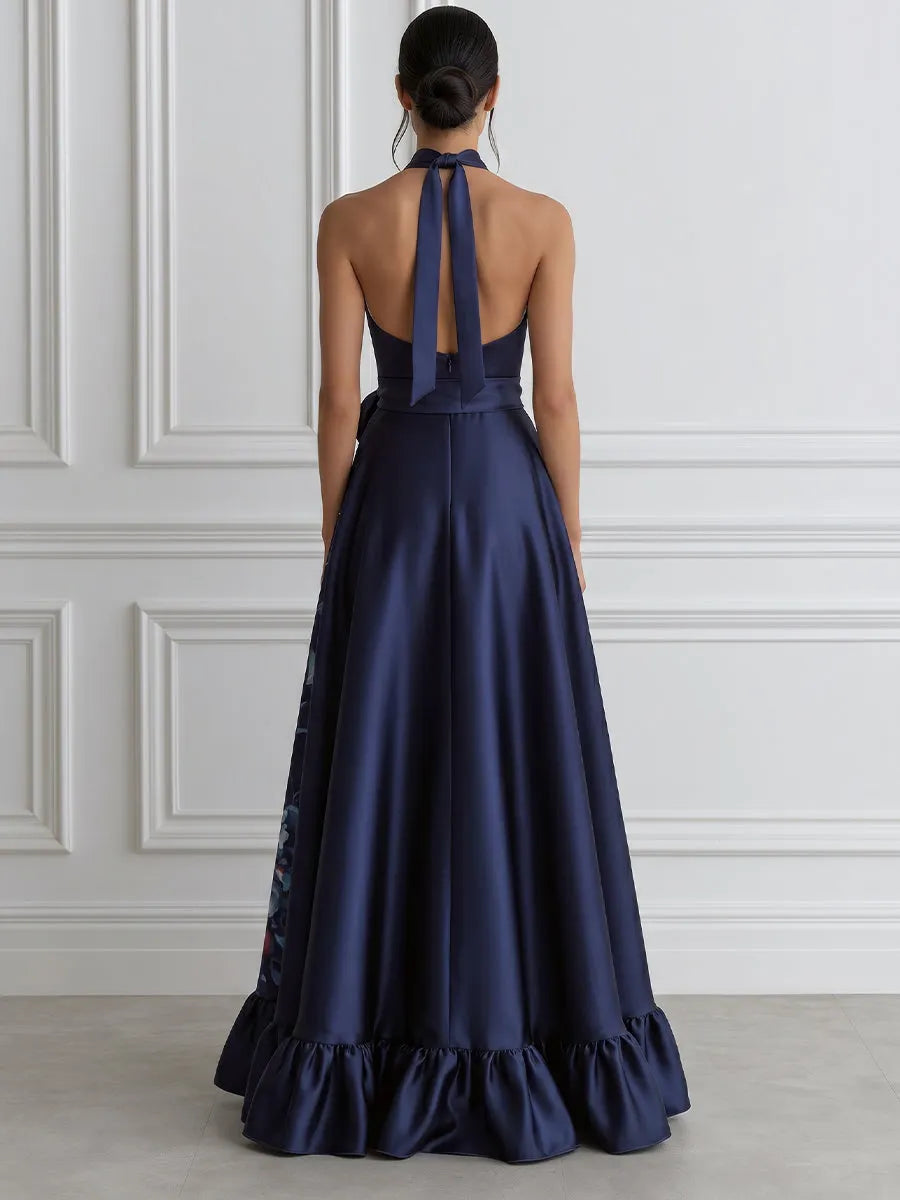 Floral Ruffle High-Low Halter Satin Evening Gown