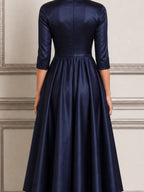 Navy Dress Fall Wedding Guest Dress Satin Mock Neck A-Line Midi Dress