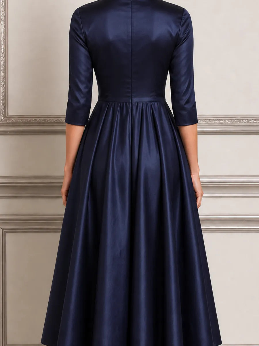 Navy Dress Fall Wedding Guest Dress Satin Mock Neck A-Line Midi Dress