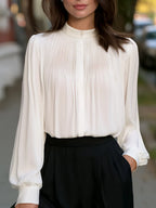 Pleated Mock Neck Long Sleeve Blouse