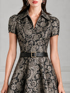 Collared Short Sleeve Paisley Jacquard Midi Dress