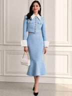 Tweed Contrast Collar Cropped Jacket & Fishtail Midi Skirt Two-Piece Set