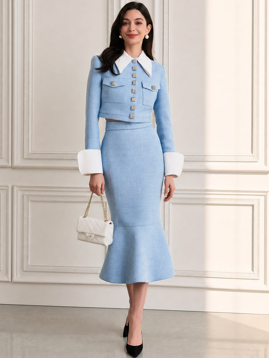 Tweed Contrast Collar Cropped Jacket & Fishtail Midi Skirt Two-Piece Set