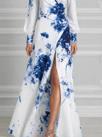 White Blue Watercolor Floral Print Shawl Collar Wrap Slit Maxi Dress
