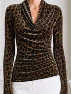 Leopard Print Velvet Cowl Neck Ruched Long Sleeve Top