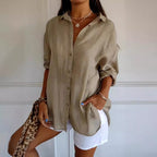 Casual Single Breasted Pleated Lapel Solid Color Cotton Linen Shirt