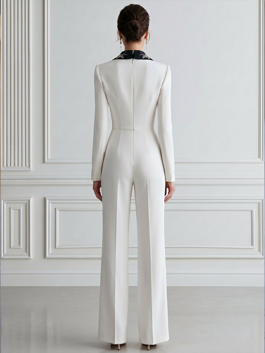 Embellished Contrast Lapel Tailored Wide-Leg Jumpsuit