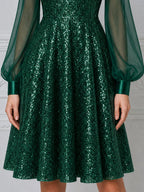 Emerald Green Sequin Sheer Puff Sleeve A-Line Mini Dress
