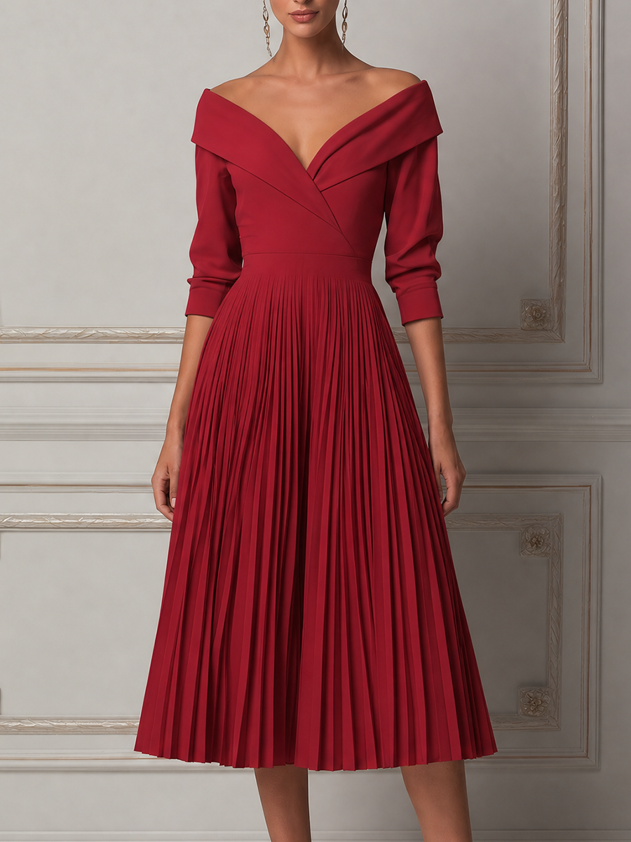 Red Dress Fall Wedding Guest Dress Off Shoulder Pleated Midi Dress