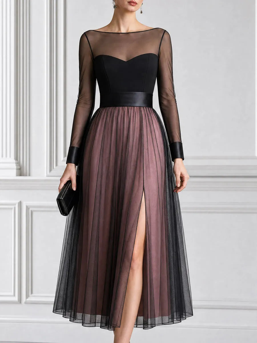 Sheer Mesh Heart Bust High Slit Wedding Guest Midi Dress
