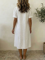 Women's Solid-color Shirt-collar Short-sleeve Casual Loose Cotton-linen Shirt Dress