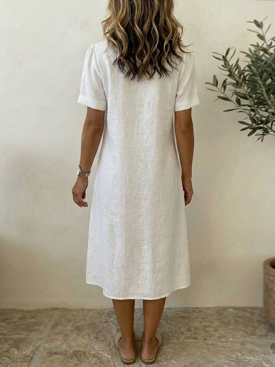 Women's Solid-color Shirt-collar Short-sleeve Casual Loose Cotton-linen Shirt Dress