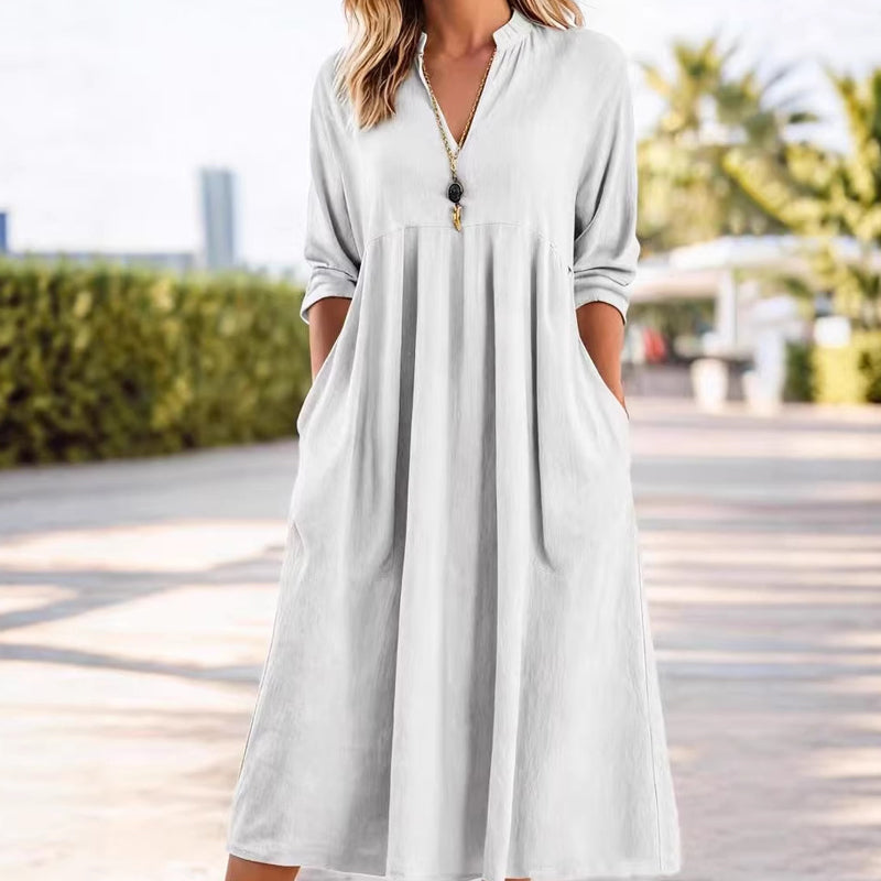 Women's Casual V-Neck Midi Dress with Pockets