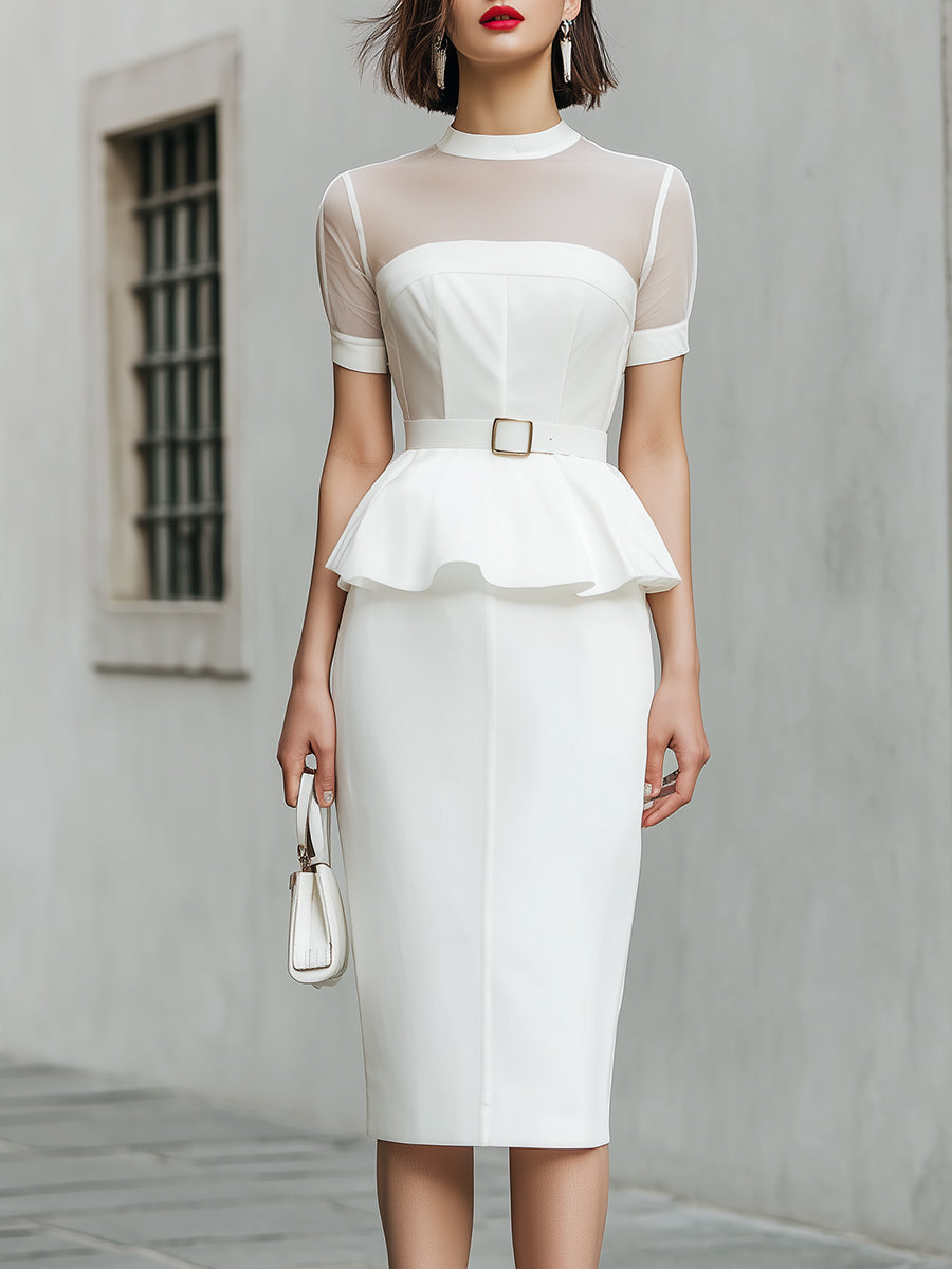 Sheer Mesh Peplum Top And Pencil Skirt Set