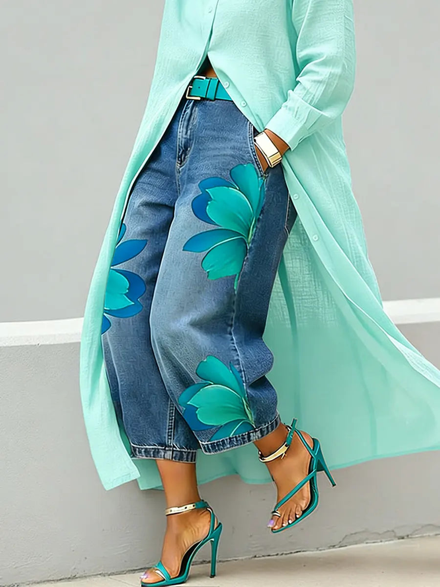 Women's Flowers Print Casual Loose Wide-leg Denim Pants