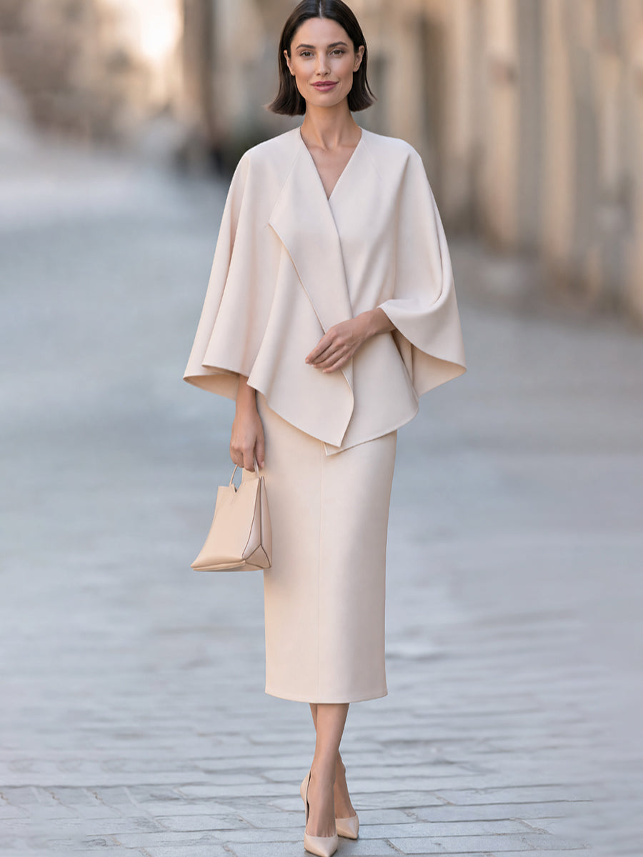 Women's Elegant Cape Poncho Top & Midi Pencil Skirt Two-Piece Set