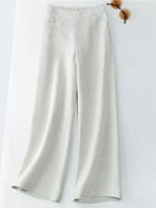 Women's Solid Color Button Half Elastic High Waist Casual Cotton and Linen Wide Leg Pants