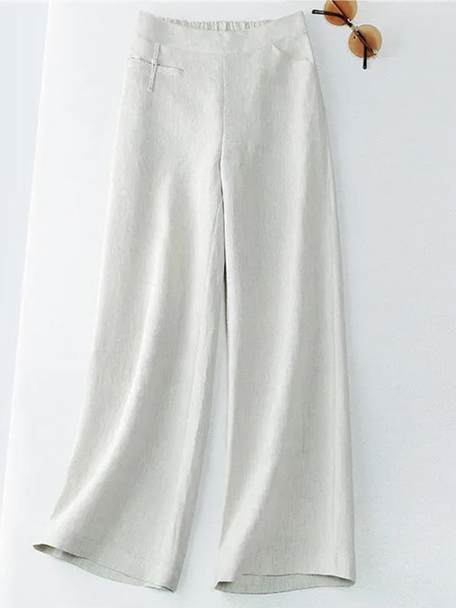Women's Solid Color Button Half Elastic High Waist Casual Cotton and Linen Wide Leg Pants