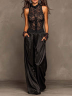 High Neck Lace Spliced Satin Wide Leg Jumpsuit